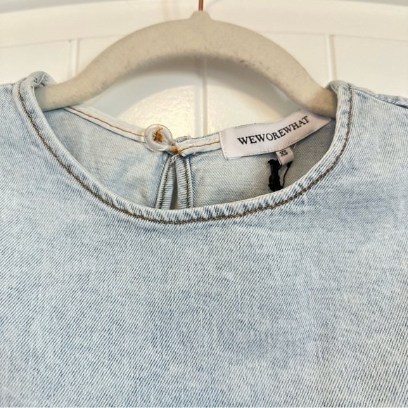 NWT WeWoreWhat cropped ruffle peasant sleeve blouse acid wash denim women’s XS - Picture 9 of 10